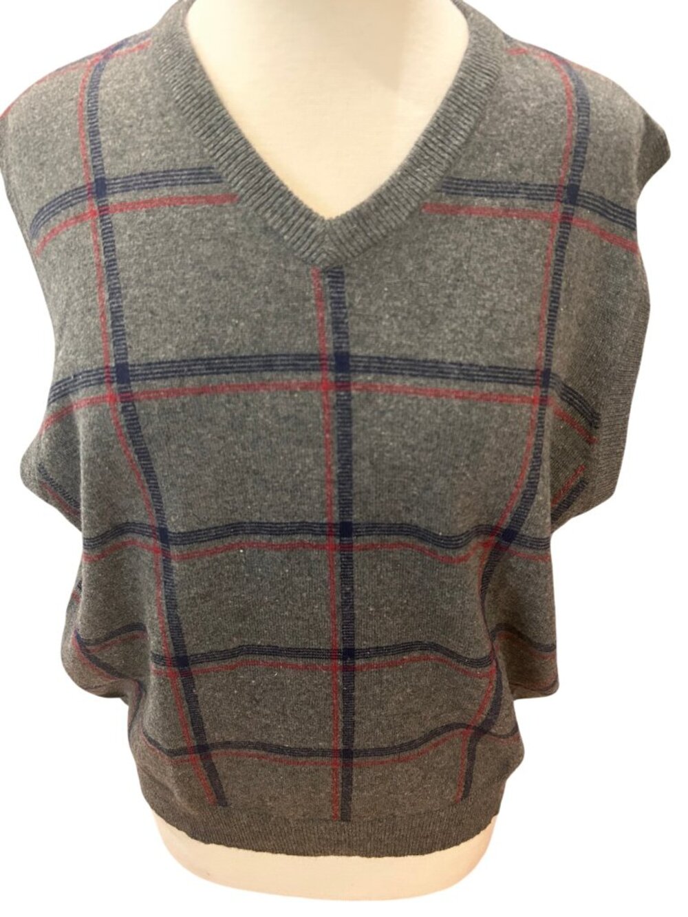 Austin Reed Silk Cashmere Plaid Sweater Vest Gray Red Blue Men's M